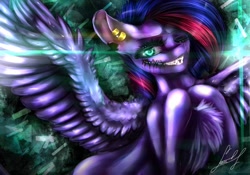 Size: 1000x700 | Tagged: safe, artist:art_by_toffeety, oc, oc only, pegasus, pony, bust, chest fluff, ear piercing, earring, eyelashes, grin, jewelry, one eye closed, pegasus oc, piercing, signature, smiling, solo, spread wings, wings, wink