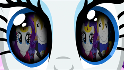 Size: 1280x720 | Tagged: safe, edit, edited screencap, screencap, prince blueblood, rarity, g4, magical mystery cure, season 1, season 3, the best night ever, close-up, clothes, dress, eye reflection, female, gala dress, male, reflection, solo