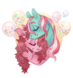 Size: 1800x1900 | Tagged: safe, artist:pavlovsdrug, derpibooru exclusive, minty, pinkie pie, pony, g3, g4, balloon, bust, duo, female, lesbian, party balloon, redraw, ship:pinkieminty, shipping, transparent