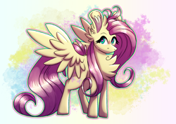 Size: 4093x2894 | Tagged: safe, alternate version, artist:xneodrago, fluttershy, pegasus, pony, g4, abstract background, blushing, chest fluff, ear fluff, eyelashes, female, high res, mare, solo, wings