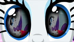 Size: 1280x720 | Tagged: safe, edit, edited screencap, editor:rarity vrymer collective, screencap, opalescence, rarity, cat, pony, unicorn, g4, magical mystery cure, season 2, season 3, sweet and elite, eye reflection, female, mare, reflection