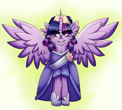 Size: 3192x2894 | Tagged: safe, artist:xneodrago, twilight sparkle, alicorn, pony, the last problem, abstract background, blushing, clothes, coronation dress, crown, dress, ear fluff, ear piercing, eyelashes, female, high res, hoof shoes, horn, jewelry, mare, piercing, regalia, second coronation dress, solo, spread wings, twilight sparkle (alicorn), wings