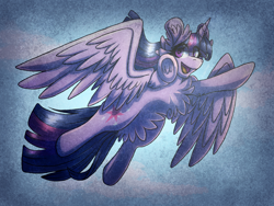 Size: 1600x1200 | Tagged: safe, artist:xneodrago, twilight sparkle, alicorn, pony, g4, abstract background, chest fluff, ear fluff, eyelashes, female, flying, frog (hoof), horn, mare, open mouth, smiling, solo, traditional art, twilight sparkle (alicorn), underhoof, wings