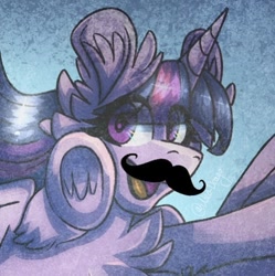 Size: 473x474 | Tagged: safe, artist:xneodrago, edit, twilight sparkle, alicorn, pony, g4, abstract background, chest fluff, ear fluff, eyelashes, facial hair, female, flying, frog (hoof), horn, mare, moustache, open mouth, smiling, solo, traditional art, twilight sparkle (alicorn), underhoof, wings