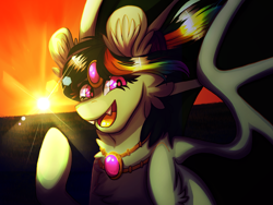 Size: 1600x1200 | Tagged: safe, artist:xneodrago, oc, oc only, bat pony, pony, bat pony oc, bat wings, bust, choker, ear fluff, eyelashes, female, mare, multicolored hair, open mouth, outdoors, rainbow hair, smiling, solo, sunset, wings