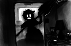 Size: 1686x1080 | Tagged: safe, artist:replica, oc, oc only, oc:replica, earth pony, anthro, digital art, female, horror, horror game, monochrome, phasmophobia, solo, walkie talkie, when you see it