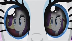 Size: 1280x720 | Tagged: safe, editor:rarity vrymer collective, screencap, rarity, pony, unicorn, g4, magical mystery cure, over a barrel, season 1, season 3, confused, eye reflection, female, mare, reflection, solo