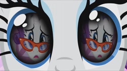 Size: 1280x720 | Tagged: safe, editor:rarity vrymer collective, screencap, rarity, pony, unicorn, g4, magical mystery cure, season 1, season 3, suited for success, carousel boutique, eye reflection, glasses rarity, mannequin, open mouth, reflection, shocked, solo