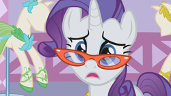 Size: 1280x720 | Tagged: safe, editor:rarity vrymer collective, screencap, rarity, g4, season 1, suited for success, carousel boutique, glasses rarity, mannequin, measuring tape, open mouth, shocked