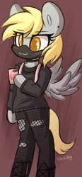 Size: 1005x2161 | Tagged: safe, artist:sakukitty, part of a set, derpy hooves, semi-anthro, g4, arm hooves, bipedal, cellphone, choker, clothes, colored pupils, face mask, hoof hold, mask, phone, solo, spread wings, wings