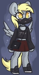 Size: 1260x2400 | Tagged: safe, artist:sakukitty, part of a set, derpy hooves, semi-anthro, g4, arm hooves, bag, bipedal, choker, clothes, cute, derpabetes, face mask, fishnet stockings, mask, no pupils, skirt, solo, spread wings, wings