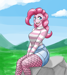 Size: 1300x1450 | Tagged: safe, artist:zachc, pinkie pie, equestria girls, g4, clothes, denim shorts, female, fishnet clothing, fishnet pantyhose, fishnet stockings, looking at you, shorts, sitting, solo, striped sweater, sweater, thigh highs