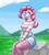 Size: 1300x1450 | Tagged: safe, artist:zachc, pinkie pie, equestria girls, g4, clothes, denim shorts, female, fishnet clothing, fishnet pantyhose, fishnet stockings, looking at you, shorts, sitting, solo, striped sweater, sweater, thigh highs