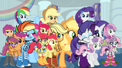 Size: 1920x1080 | Tagged: safe, apple bloom, applejack, rainbow dash, rarity, scootaloo, sweetie belle, earth pony, human, pegasus, pony, unicorn, equestria girls, g4, g4.5, my little pony: pony life, the best of the worst, 1000 years in photoshop, applejack's hat, cowboy hat, cutie mark crusaders, female, filly, hat, looking at you, mare, older, older apple bloom, older cmc, older scootaloo, older sweetie belle, rainbow dash's house, self ponidox