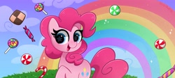 Size: 4096x1841 | Tagged: safe, artist:kittyrosie, pinkie pie, earth pony, pony, g4, blushing, candy, cloud, cookie, cute, diapinkes, female, food, high res, kittyrosie is trying to murder us, lollipop, mare, open mouth, rainbow, solo, starry eyes, wallpaper, wingding eyes