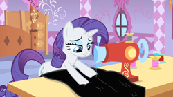Size: 1280x720 | Tagged: safe, editor:rarity vrymer collective, screencap, rarity, pony, unicorn, g4, green isn't your color, season 1, carousel boutique, female, sewing, sewing machine