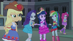 Size: 3410x1920 | Tagged: safe, screencap, applejack, pinkie pie, rainbow dash, rarity, twilight sparkle, equestria girls, g4, my little pony equestria girls, bare shoulders, belt, big crown thingy, boots, bracelet, canterlot high, clothes, cowboy hat, cutie mark, cutie mark on clothes, element of magic, fall formal outfits, female, hat, humane five, jewelry, night, regalia, shoes, sleeveless, smiling, strapless, twilight ball dress