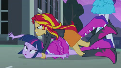 Size: 3410x1920 | Tagged: safe, screencap, rarity, sunset shimmer, twilight sparkle, equestria girls, g4, my little pony equestria girls, bare shoulders, boots, canterlot high, fall formal outfits, female, lidded eyes, night, offscreen character, open mouth, out of context, shoes, sleeveless, strapless, twilight ball dress