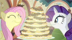 Size: 1280x720 | Tagged: safe, editor:rarity vrymer collective, screencap, fluttershy, rarity, g4, mmmystery on the friendship express, season 2, eclair, eyes closed, food, smiling, train