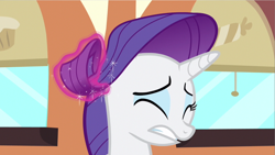 Size: 1280x720 | Tagged: safe, editor:rarity vrymer collective, screencap, rarity, pony, unicorn, g4, mmmystery on the friendship express, season 2, eyes closed, female, friendship express, hair pulling, magic, mare, train