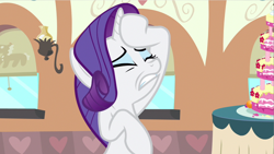 Size: 1280x720 | Tagged: safe, editor:rarity vrymer collective, screencap, rarity, pony, unicorn, g4, mmmystery on the friendship express, season 2, cake, eyes closed, fainting couch, food, marzipan mascarpone meringue madness, train