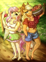 Size: 3000x4000 | Tagged: safe, alternate version, artist:lupiarts, applejack, fluttershy, earth pony, pegasus, anthro, unguligrade anthro, g4, apple, applejack's hat, basket, bedroom eyes, belly button, blonde mane, blonde tail, breasts, bucket, busty applejack, busty fluttershy, cleavage, clothes, commission, cottagecore, cowboy hat, cutie mark, cutie mark on clothes, daisy dukes, denim shorts, dirt road, dress, duo, duo female, ear fluff, equestria girls outfit, female, food, front knot midriff, fruit, girly girl, grass, green eyes, grin, hand in pocket, happy, hat, herbivore, high res, looking at you, midriff, outdoors, pink mane, shirt, shorts, skirt, smiling, stetson, straw in mouth, tank top, tomboy, wide hips, yellow fur