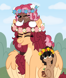 Size: 2000x2350 | Tagged: safe, artist:pink-pone, oc, oc only, oc:cinnamon sticks, oc:ginger bread, oc:heather, pegasus, pony, chest fluff, colt, female, filly, floral head wreath, flower, high res, male, mare, tongue out