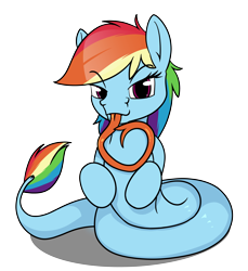 Size: 4400x4800 | Tagged: safe, artist:dacaoo, rainbow dash, lamia, original species, g4, bedroom eyes, forked tongue, heart, lamiafied, long tongue, looking at you, rainbow coils, simple background, solo, species swap, tail fluff, tongue out, transparent background