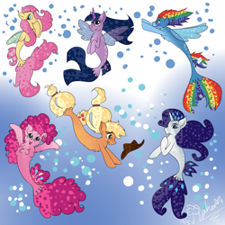 Size: 2449x2449 | Tagged: safe, artist:mylittlejewmonster, applejack, fluttershy, pinkie pie, rainbow dash, rarity, twilight sparkle, alicorn, earth pony, pegasus, pony, seapony (g4), unicorn, g4, bubble, dorsal fin, female, fin wings, fish tail, flowing mane, flowing tail, high res, horn, mane six, ocean, open mouth, seaponified, seapony applejack, seapony fluttershy, seapony pinkie pie, seapony rainbow dash, seapony rarity, seapony twilight, signature, smiling, species swap, swimming, tail, twilight sparkle (alicorn), underwater, water, wings