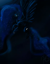 Size: 1090x1414 | Tagged: safe, artist:hollymidnight14, princess luna, alicorn, pony, g4, ethereal mane, female, flowing mane, horn, looking up, moonlight, night, sky, solo, spread wings, starry mane, wings