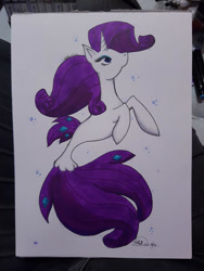 Size: 756x1008 | Tagged: safe, artist:bella-mia-d, rarity, pony, seapony (g4), unicorn, g4, blue eyes, bubble, dorsal fin, eyelashes, eyeshadow, female, fish tail, flowing mane, flowing tail, horn, looking up, makeup, mare, ocean, seaponified, seapony rarity, simple background, solo, species swap, swimming, tail, underwater, water, white background
