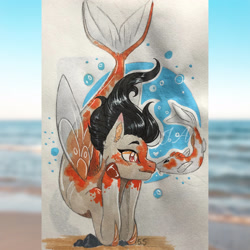 Size: 2939x2939 | Tagged: safe, artist:jdash15, oc, oc only, fish, seapony (g4), bubble, fin wings, fins, fish tail, flowing mane, flowing tail, high res, looking at each other, ocean, orange eyes, simple background, solo, swimming, tail, underwater, water, white background, wings