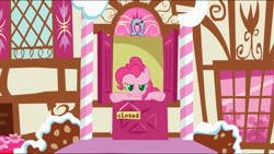 Size: 1280x720 | Tagged: safe, artist:drud14, pinkie pie, earth pony, pony, pink tac toe, g4, angry, closed, doorway, game, get out, green eyes, implied changeling, semi-grimdark source, show accurate, sign, sugarcube corner