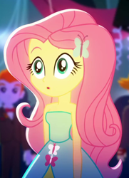 Size: 414x573 | Tagged: safe, screencap, fluttershy, heath burns, valhallen, equestria girls, g4, my little pony equestria girls: summertime shorts, raise this roof, :o, bare shoulders, cropped, cute, open mouth, shyabetes, sleeveless, strapless