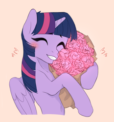 Size: 1736x1860 | Tagged: safe, artist:sannoe, twilight sparkle, alicorn, pony, g4, blushing, bouquet, cute, female, flower, happy, rose, simple background, smiling, solo, twiabetes, twilight sparkle (alicorn)