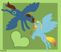 Size: 7227x6128 | Tagged: safe, artist:misskanabelle, oc, oc only, pegasus, pony, abstract background, duo, female, flying, heart, mare, pegasus oc, wings
