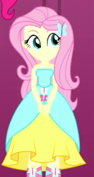 Size: 218x411 | Tagged: safe, screencap, fluttershy, pinkie pie, human, eqg summertime shorts, equestria girls, g4, make up shake up, bare shoulders, cropped, cute, female, offscreen character, shyabetes, sleeveless, solo focus, strapless