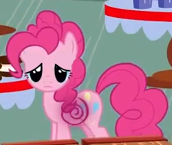 Size: 251x212 | Tagged: safe, pinkie pie, earth pony, pony, g4, adventures in ponyville, candy, conveyor belt, cookie, cropped, female, food, game, glowing, hungry, looking at you, mare, pinkie pie's sweet shoppe, sad, solo, spiral, sugarcube corner, when she doesn't smile