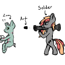 Size: 1500x1500 | Tagged: safe, artist:solder point, oc, oc only, oc:living dead, oc:solder point, earth pony, pony, undead, zombie, bipedal, confused, drawing, drawing tablet, duo, ear fluff, rocket launcher, silly, sitting, sketch, standing, standing on two hooves