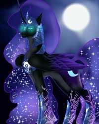 Size: 768x960 | Tagged: safe, artist:_goddesskatie_, nightmare moon, alicorn, pony, g4, bedroom eyes, bust, eyelashes, female, full moon, glowing eyes, helmet, hoof shoes, horn, mare, moon, outdoors, solo, wings