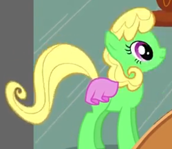 Size: 291x252 | Tagged: safe, earth pony, pony, g4, adventures in ponyville, blonde mane, cropped, game, green pony, pink dress, pinkie pie's sweet shoppe, sugarcube corner, unnamed character, unnamed pony