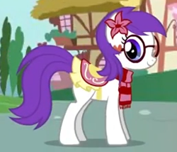 Size: 256x219 | Tagged: safe, oc, oc:milly, earth pony, pony, adventures in ponyville, clothes, flower, flower in hair, game, glasses, heart, looking at you, ponyville, saddle, scarf, smiling, tack