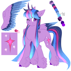 Size: 3000x3000 | Tagged: safe, artist:gingygin, twilight sparkle, alicorn, pony, g4, alternate design, colored wings, feathered fetlocks, high res, multicolored wings, one eye closed, solo, twilight sparkle (alicorn), wings, wink