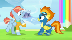 Size: 1920x1080 | Tagged: safe, screencap, spitfire, windy whistles, pegasus, pony, g4, parental glideance, clothes, duo, duo female, female, mare, open mouth, raised hoof, uniform, wonderbolts uniform