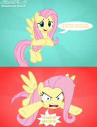 Size: 2000x2612 | Tagged: safe, artist:kuren247, fluttershy, pegasus, pony, g4, angry, comic, high res, incorrect quote, looking at you, solo, speech bubble, vector, yelling