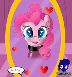 Size: 3840x4154 | Tagged: safe, alternate version, artist:damlanil, pinkie pie, earth pony, pony, g4, blushing, carousel boutique, catsuit, clothes, comic, cute, diapinkes, female, happy, heart, heart eyes, latex, latex suit, looking at you, mare, mirror, open mouth, rubber, shine, shiny, simple background, smiling, spy, suit, text, vector, wingding eyes