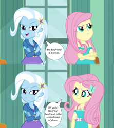 Size: 1280x1440 | Tagged: safe, edit, edited screencap, screencap, fluttershy, trixie, a little birdie told me, equestria girls, g4, my little pony equestria girls: better together, crossed arms, implied bluetrix, implied discoshy, implied shipping, implied straight, speech bubble, window