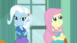 Size: 1280x720 | Tagged: safe, edit, edited screencap, screencap, fluttershy, trixie, a little birdie told me, equestria girls, g4, my little pony equestria girls: better together, angry, crossed arms, window