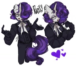 Size: 1025x884 | Tagged: safe, artist:brlckson, rarity, unicorn, anthro, alternate hairstyle, clothes, ear piercing, earring, eyeshadow, gloves, hand, heart, jewelry, lipstick, makeup, piercing, signature, text