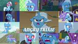 Size: 1280x720 | Tagged: safe, edit, edited screencap, editor:quoterific, screencap, trixie, pony, unicorn, g4, magic duel, no second prances, road to friendship, student counsel, to where and back again, uncommon bond, amulet, angry, aweeg*, cape, clothes, collage, crying, cute, ears back, evil, female, glowing horn, hat, horn, jewelry, madorable, magic, magic aura, messy mane, nom, open mouth, school of friendship, solo, tears of anger, teeth, trixie's cape, trixie's hat, yelling